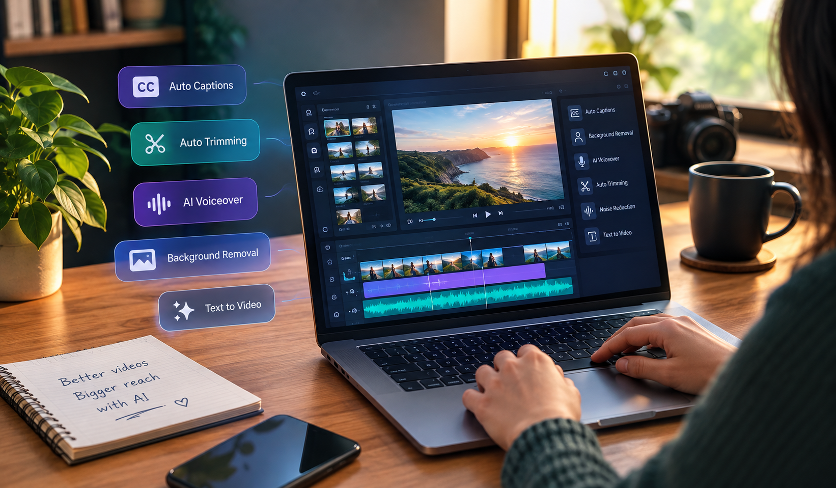 Here is an alt text for the image incorporating your key phrase: > A person typing on a laptop displaying a video editing software interface, with floating feature buttons on the left like auto captions and text-to-video, illustrating tools used for creating an ai generated video.