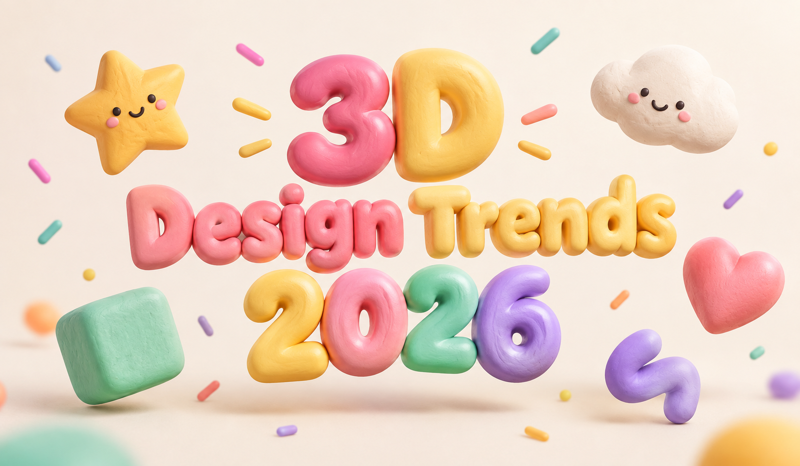 3D design trends 2026 headline in colorful clay-style letters with a smiling star, cloud, heart and pastel shapes