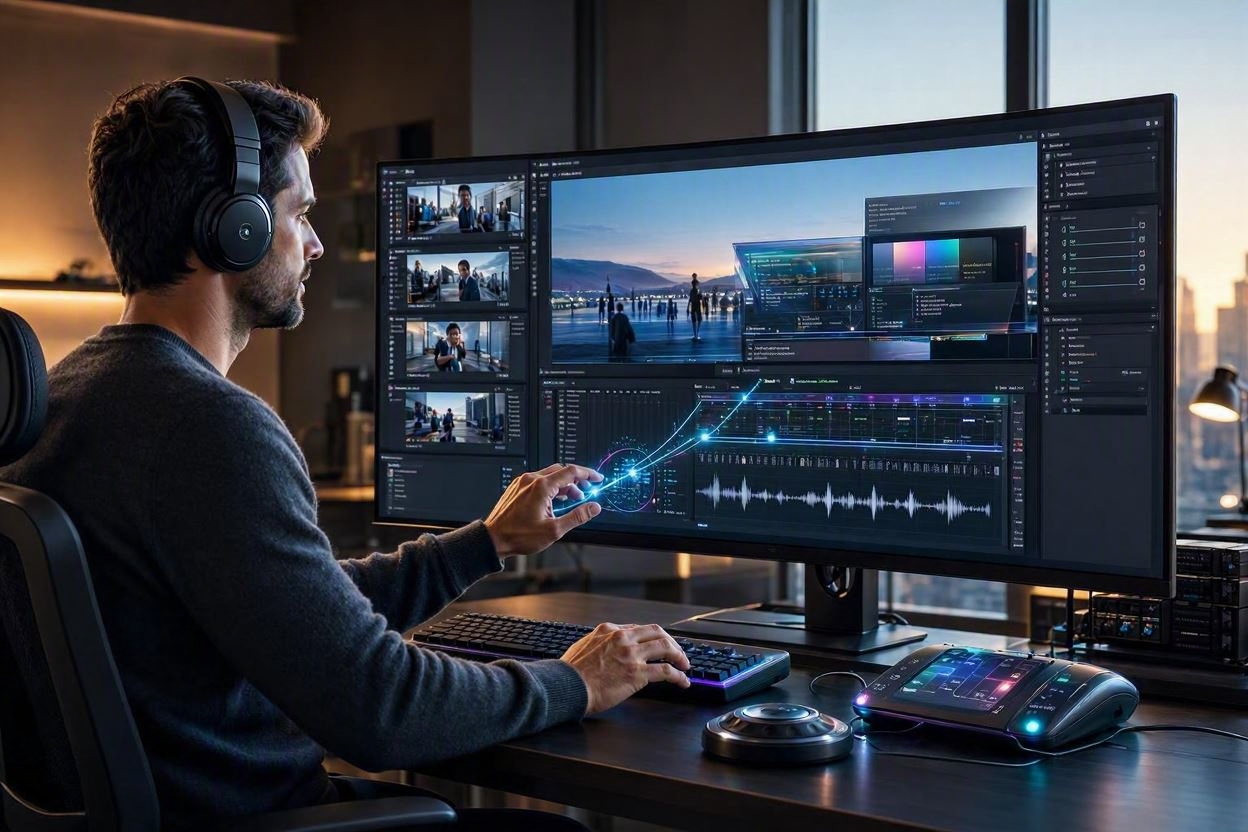 Here is an alt text for the image incorporating your key phrase: > A man wearing headphones sits at a desk working on a wide curved computer monitor displaying a video editing software interface, showcasing tools used for creating an ai generated video.