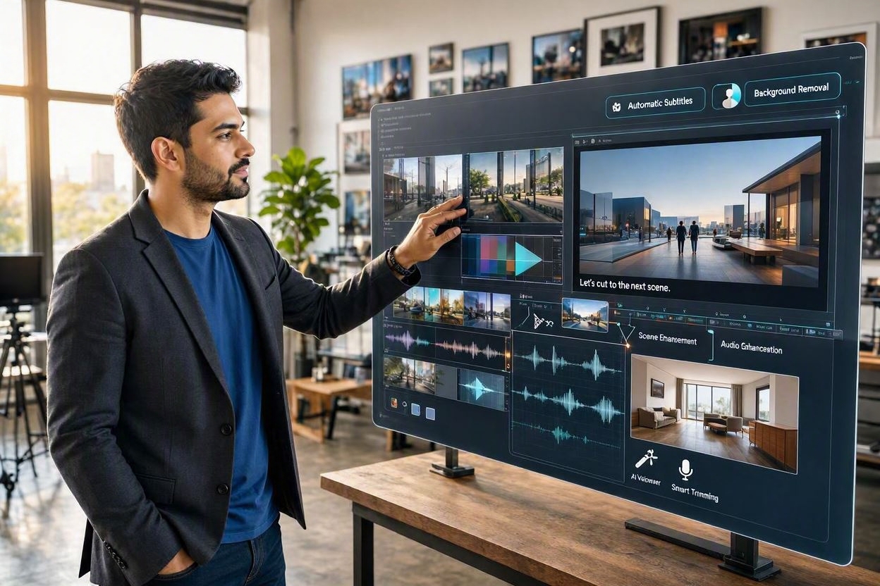 Here is an alt text for the image that incorporates your key phrase: > A man in a blue t-shirt and blazer standing in a studio, touching a large, transparent digital screen displaying a video editing software interface used for crafting an ai generated video.