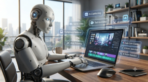 > A humanoid robot sitting at a wooden desk, editing an ai generated video on a laptop while surrounded by floating digital icons and toolbars.