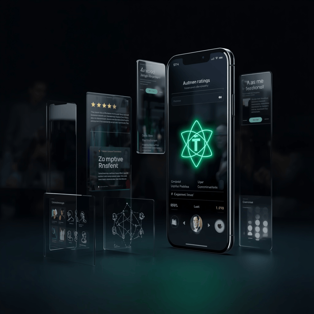 Smartphone surrounded by floating screens with star ratings and reviews, representing UGC and customer feedback